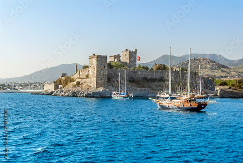 Bodrum, Turkey, 23 October 2010: Bodrum Cup Races, Gulet Wooden Sailboats and Bodrum Castle photo