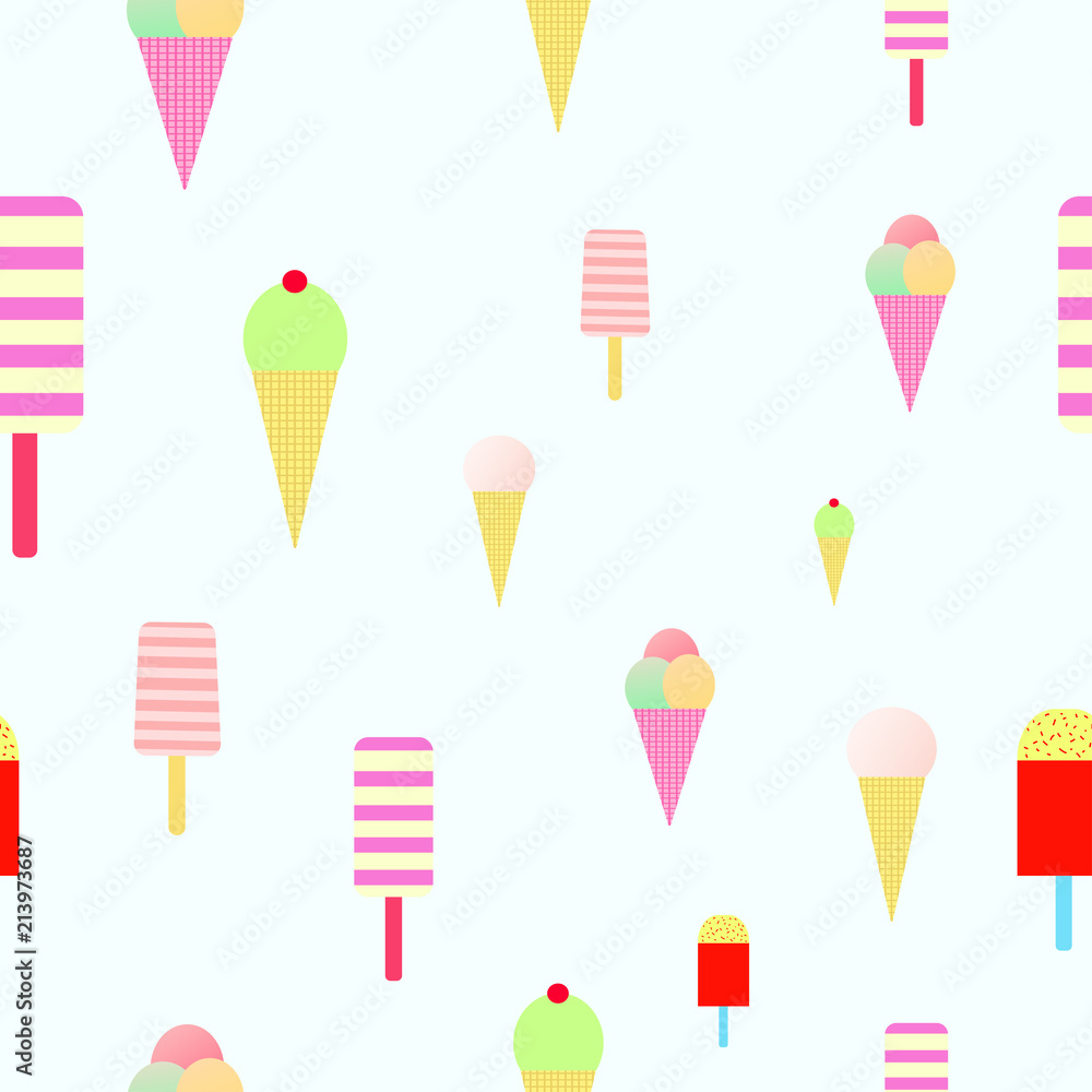 Seamless pattern with colorful ice cream, pastel blue cute background, Vector Illustration Seamless pattern with colorful ice cream, pastel blue cute background, Vector Illustration
