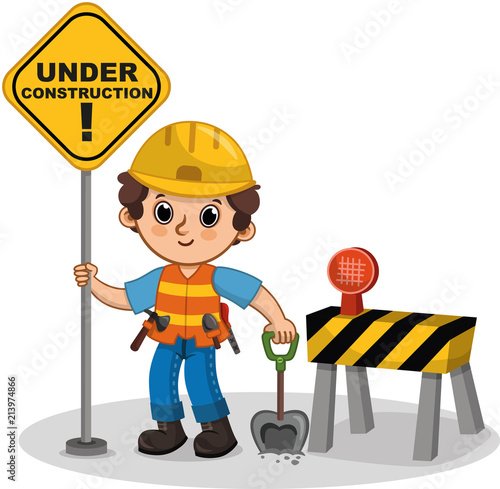 Vector cute character holding the sign. Under construction. Cartoon illustration.
