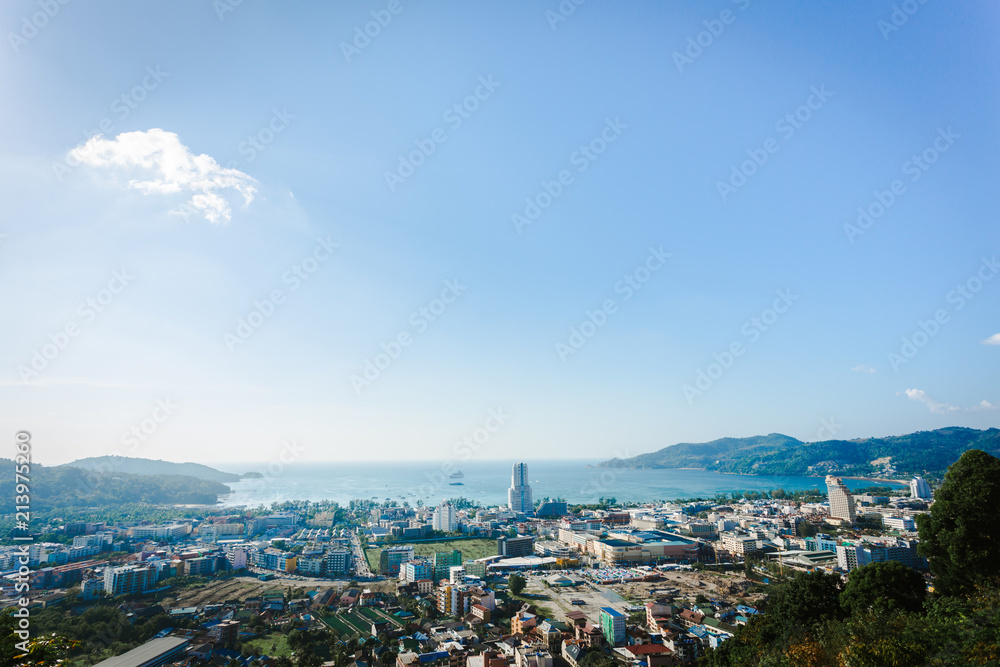 Patong cityscape viewpoint with blue sky in the morning