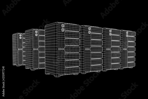 Hardware equipment telecommunication server. Data center storage room object. Computer database tower. Internet industry cluster. Wireframe low poly mesh vector illustration