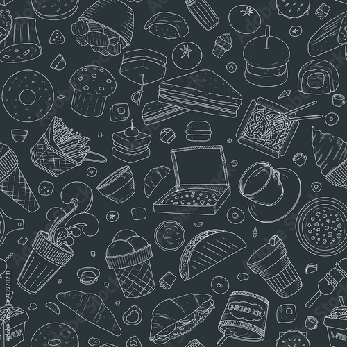 Seamless pattern of Vector illustration Cartoon style. Fast food objects. This collection include hamburger, snack, burger, french fries, barbecue, drinks and other items.