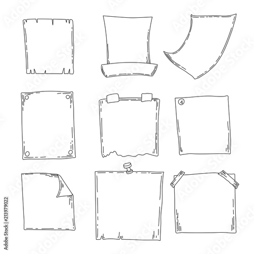 Hand drawn sheets of paper. Cartoon vector square borders. Pencil effect shapes isolated.