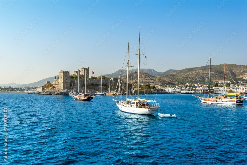 Bodrum, Turkey, 23 October 2010: Bodrum Cup Races, Gulet Wooden Sailboats and Bodrum Castle