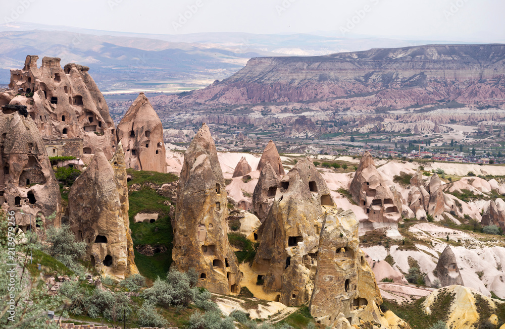 A view of the cave dwellings near Uchisar. Cappadocia, Turkey.