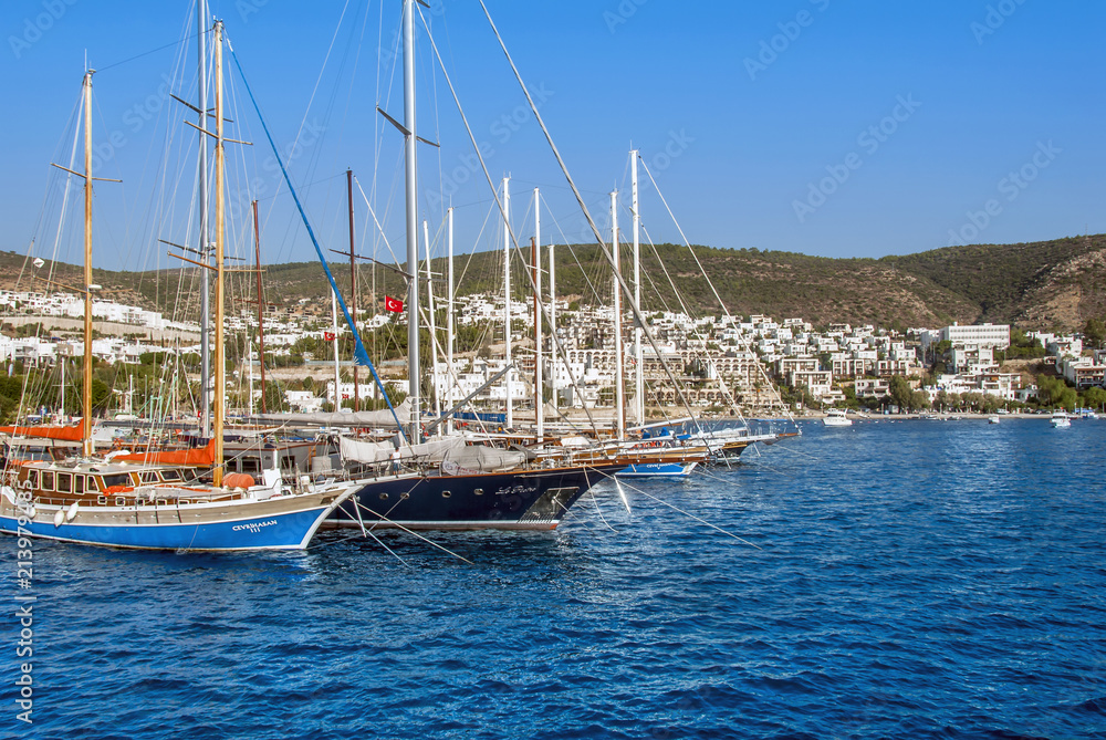 Bodrum, Turkey, 23 October 2010: Bodrum Cup Races, Gulet Wooden Sailboats with City View