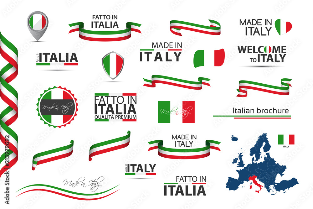 Fototapeta premium Big set of Italian ribbons, symbols, icons and flags isolated on a white background, Made in Italy, Welcome to Italy, premium quality, Italian tricolor, set for your infographics, and templates