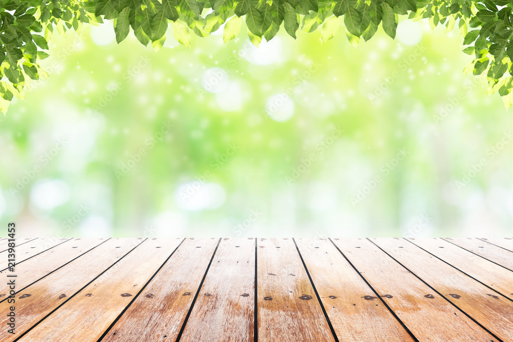 Empty wooden table with beautiful garden background blurred. Empty wooden table with beautiful garden background blurred.