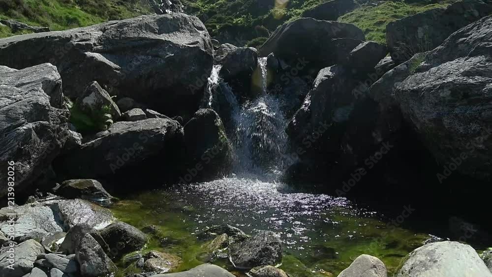 Small waterfall flowing into a pool of water in a valley Small waterfall flowing into a pool of water in a valley