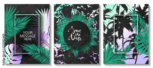Luxury cards collection with frames and tropical leaves.Vector trendy background. Modern set of abstract card, template,posters,invitational