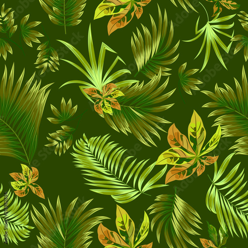 Fototapeta Naklejka Na Ścianę i Meble -  Green seamless pattern tropical leaves of palm tree.