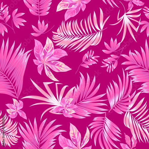 Pink seamless pattern tropical leaves of palm tree.