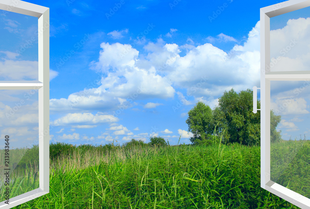 Opened window to summer field. Natural landscape - obrazy, fototapety, plakaty 