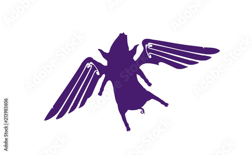 Silhouette funny piggy with wings flying, pig pattern, purple and white vector illustration