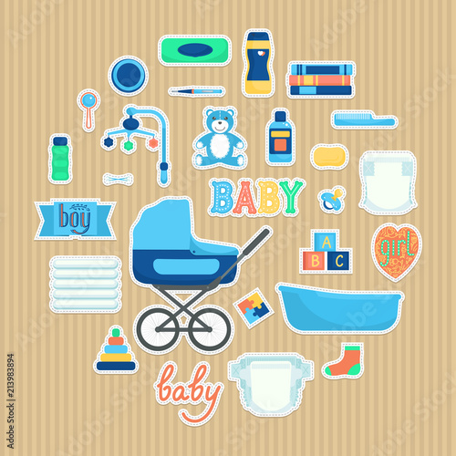 Set of cute baby items with lettering. Baby care supplies. Vector illustration.