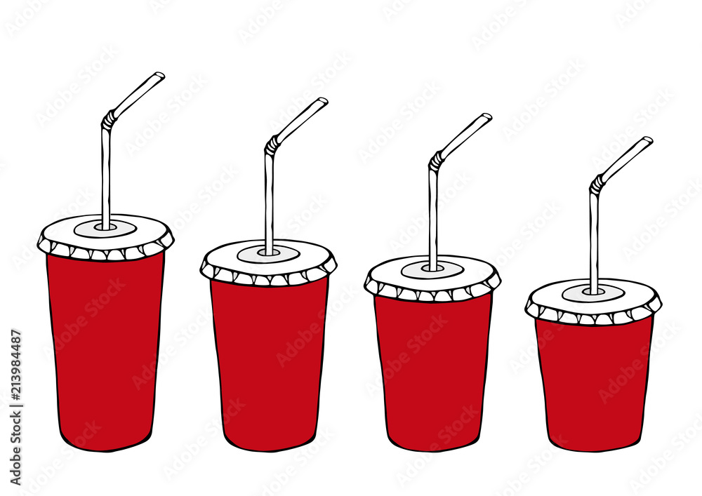 Different Size Paper Cup Template for Soda or Cold Beverage with Drinking Straw. Packaging Collection. Street Fast Food Menu. Hand Drawn High Quality Clean Vector Realistic Illustration. Doodle Style.