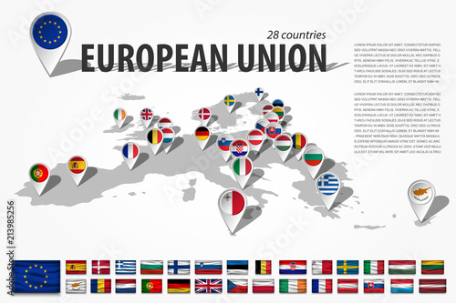 European union 28 countries and GPS navigator location pin with national flag on perspective europe continent map . And set of wavy style flag elements membership of EU . Vector