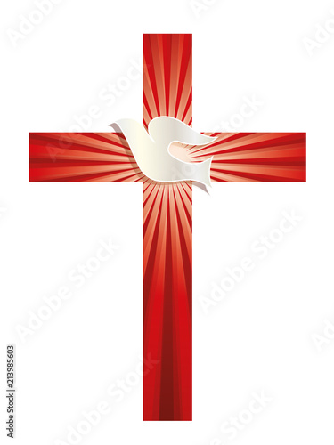 Religious vector symbol. Christian cross with dove and luminous rays on red background