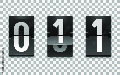 Mechanical scoreboard vector template with number 1; Flip countdown clock counter; White digit on black board with transparent shadow; Number one template 