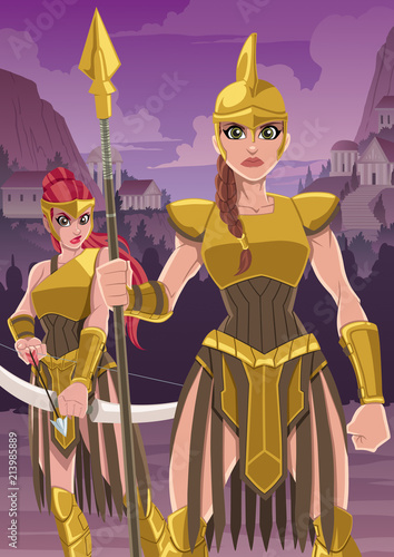 Cartoon illustration of fierce Amazon warriors ready to defend their settlement. 