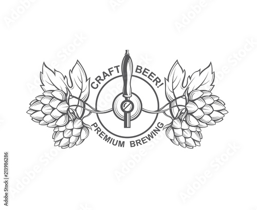 black emblem of beer tap and hops for brewing