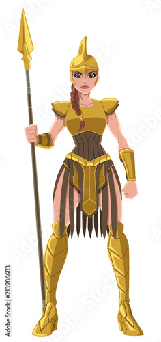 Cartoon illustration of a fierce Amazon warrior in full battle gear, isolated on white background. 