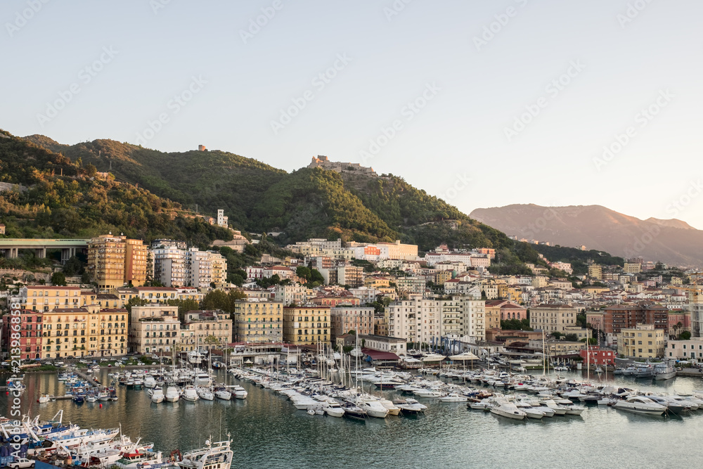 View of the Salerno port at sunrise. Amalfi Coast. Region Campania, Italy