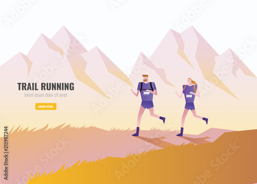 Trail Runner of men and women running on the mountain. beautiful scenery Background. vector illustration