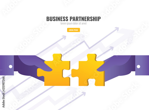  Two hand connecting puzzle elements. Growth arrow in the background. Business opportunity and partnership concept. vector illustration