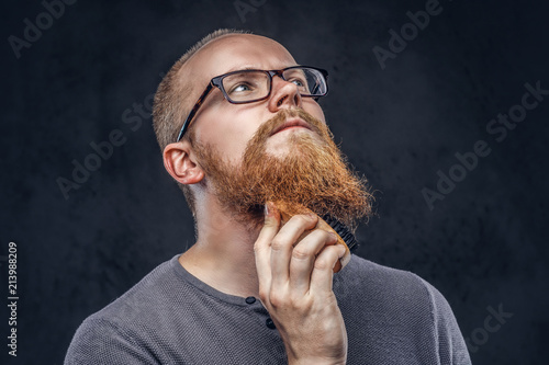 Close up portrait of a redhead bearded male wearing glasses dressed in a gray t-shirt, cares about his beard using a beard brush. Isolated on dark textured background.
