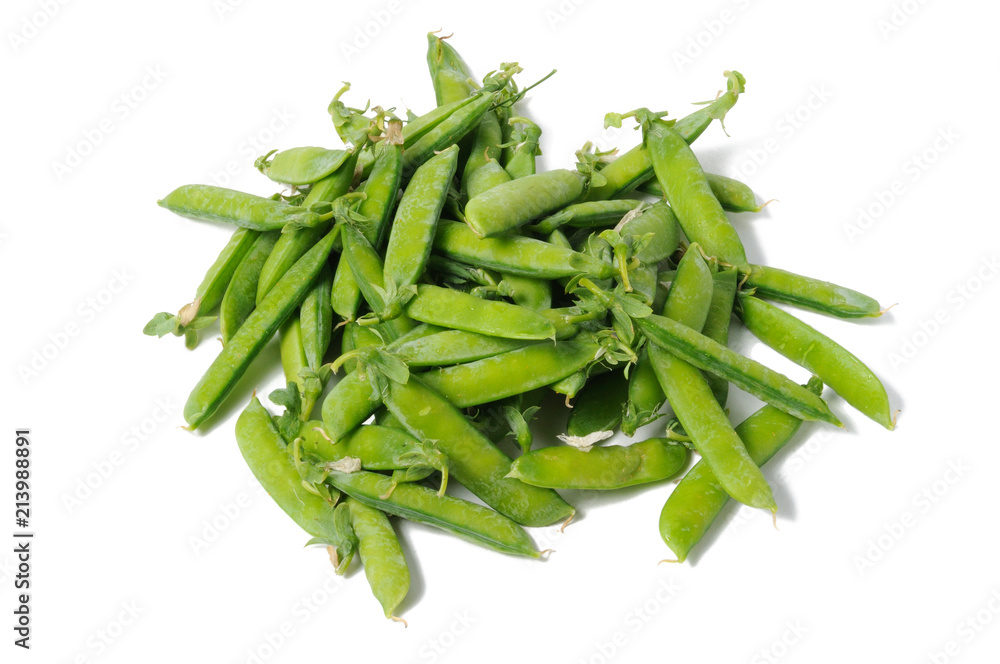 Green peas in sticks on a white background. View from above. Green peas in sticks on a white background. View from above.