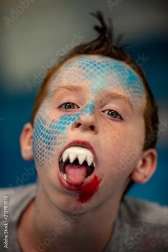 Boy with face painted like a shark photo