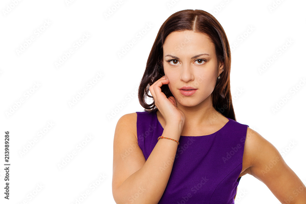Young brunette woman in purple dress, isolated on white Young brunette woman in purple dress, isolated on white