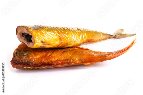 Smoked fishes perch mackerel on white background isolation photo