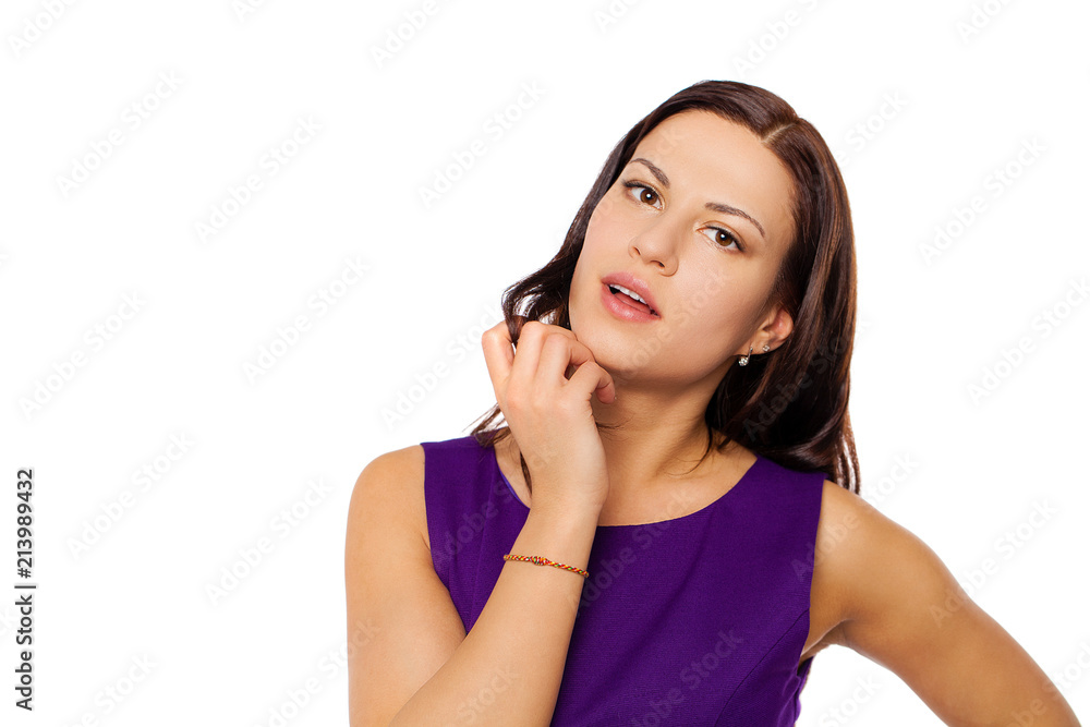 Young brunette woman in purple dress, isolated on white Young brunette woman in purple dress, isolated on white
