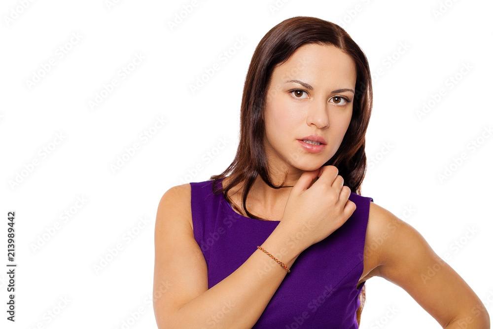 Young brunette woman in purple dress, isolated on white Young brunette woman in purple dress, isolated on white