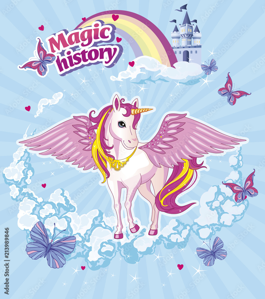 Fairytale background with rainbow and castle for Princess. Beautiful unicorn in the clouds. Fabulous landscape with magic horse or pony. Children's illustration with animal. Wonderland. Vector. Fairytale background with rainbow and castle for Princess. Beautiful unicorn in the clouds. Fabulous landscape with magic horse or pony. Children's illustration with animal. Wonderland. Vector.