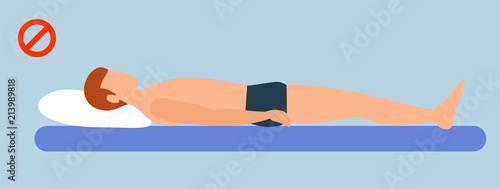 Incorrect man sleep position banner horizontal. Flat illustration of vector incorrect man sleep position banner horizontal for web design