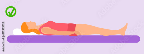 Woman correct sleep position banner horizontal. Flat illustration of vector woman correct sleep position banner horizontal for web design