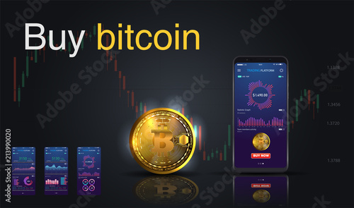 Bitcoin icon of golden color on the screen of a mobile phone. Red button buy now. The concept of selling crypto currency. Vector illustration.