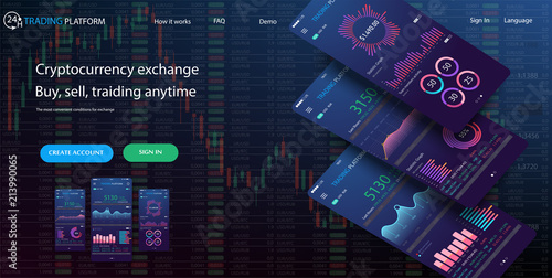 Website Design Template for trading platform.Professional trader tools for successful trading.Trade exchange app on phone screen. Mobile banking cryptocurrency ui. Online stock trading interface.