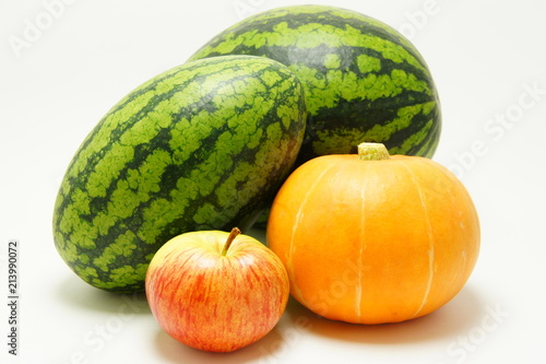Watermelons, pumpkin and apple.