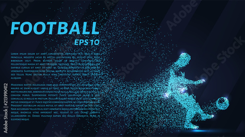 Football of the particles carries in the wind. Silhouette of a football player from circles
