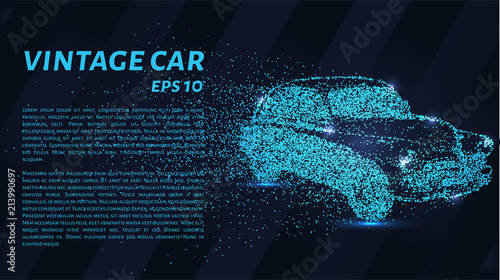 Car from the particles. Vintage car breaks down into molecules. Car of dots and circles.