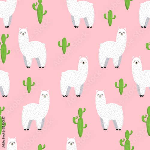 Cute lama, doodle vector illustration. Collection of cartoon characters, stickers, patches. Seamless background, wallpaper, pattern, texture