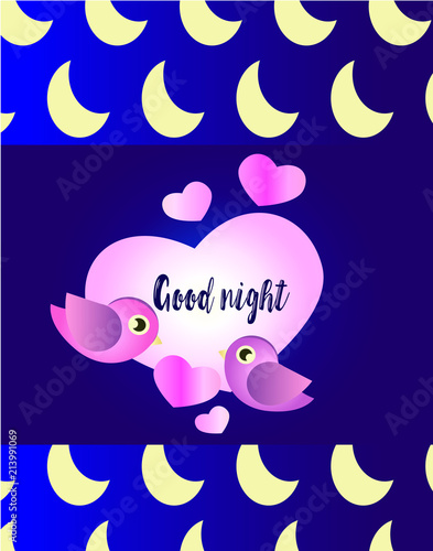 cute greeting card with birds and pink hearts on a blue gradient background w...