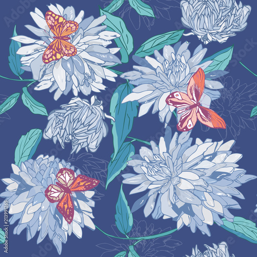 Seamless pattern of blue flowers with leaves and butterflies on a blue background. Aster, chrysanthemum, gerbera. Floral print. photo