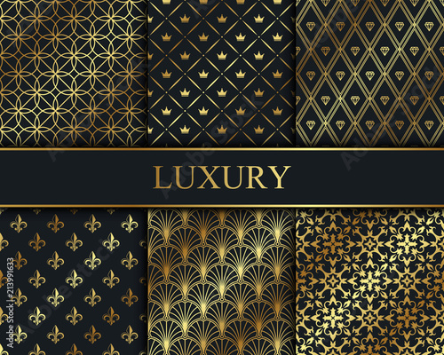 Set of vector seamless gold patterns. Luxury wallpapers collection.