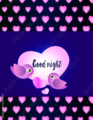 Cute Pattern Background With Hearts And Birds - Good Night. Children's poster...