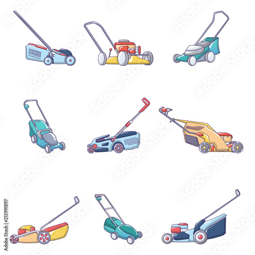 Lawnmower grass garden icons set. Cartoon illustration of 9 lawnmower grass garden vector icons for web